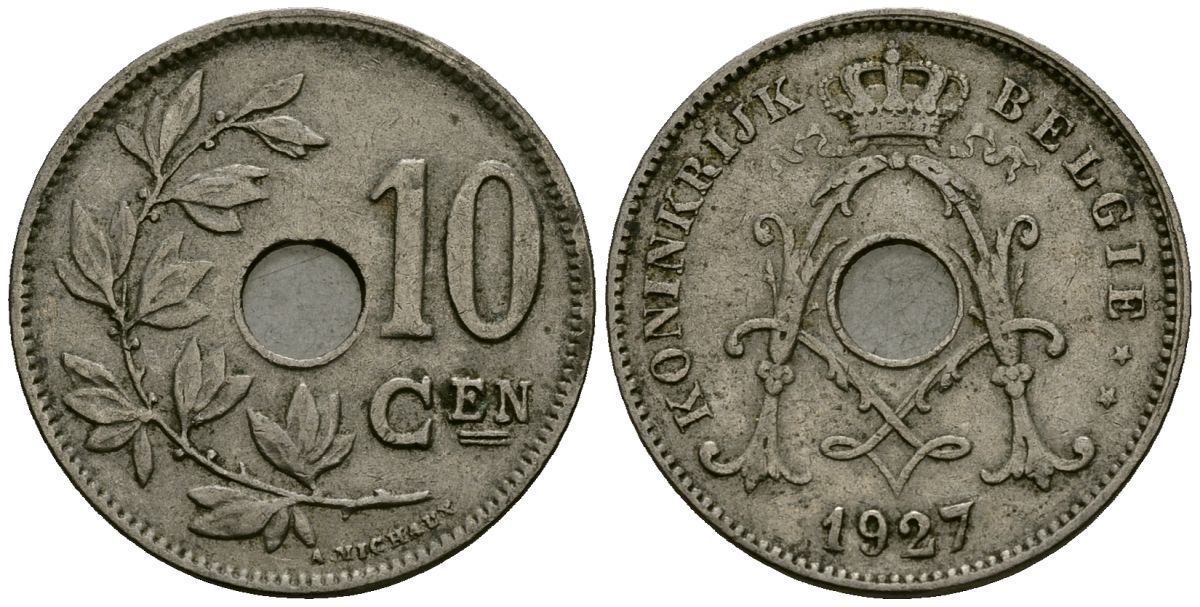 Бельгия 10 сантимов 1927 KM 53 медно-никель 4177-1057
