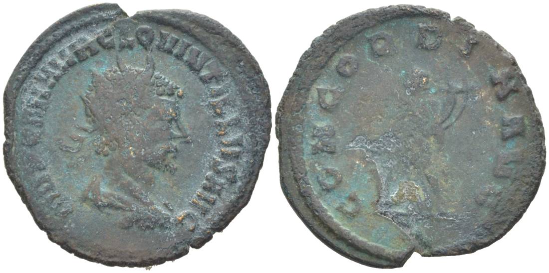 Римская Империя антониниан 270 КВИНТИЛЛ, IMP C M AVR CL QVINTILLVS AVG, бюст императора / CONCORDIA AVG, Конкордия, персонификация Согласия, Рим RIC 13 биллон 1073-20-44