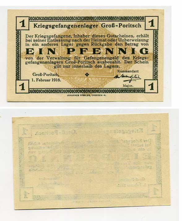 ГЕРМАНИЯ 1 ПФЕННИГ ND GROSS-PORITSCH, ЛАГЕРЬ ВОЕННОПЛЕННЫХ C-3043 бумага UNC (ПРЕСС) 504-19-2-2