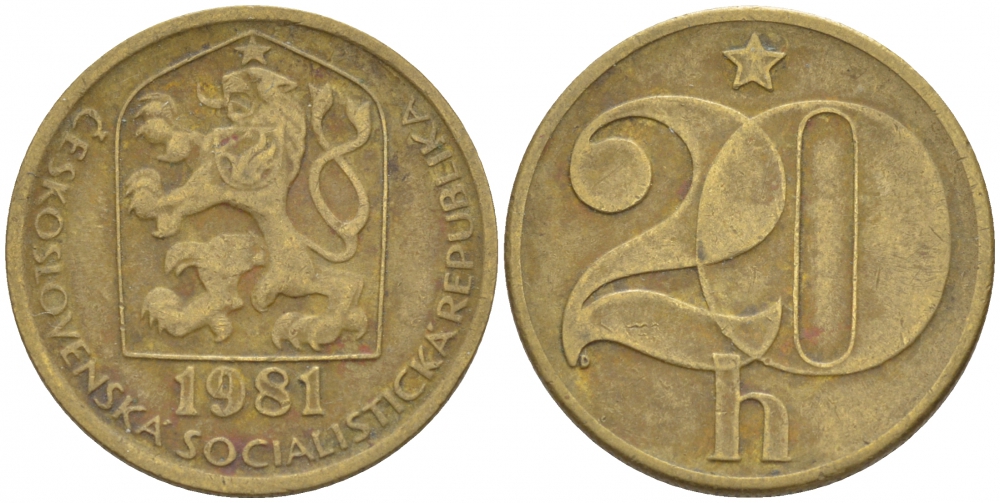 ЧЕХОСЛОВАКИЯ 20 ГЕЛЛЕРОВ 1981 KM 74 латунь 3309-666