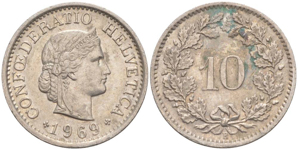ШВЕЙЦАРИЯ 10 РАППЕНОВ 1969 В KM 27 медно-никель 55-417