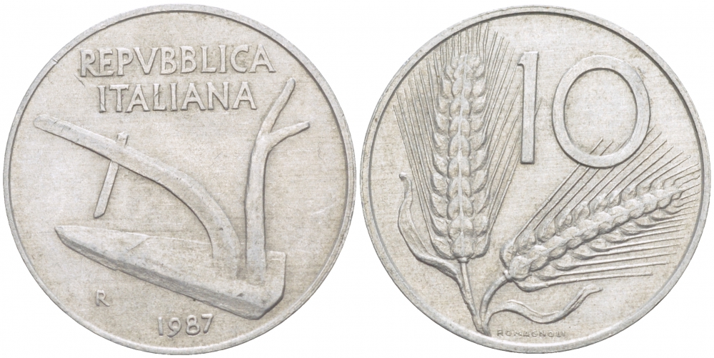 ИТАЛИЯ 10 ЛИР 1987 R, КОЛОСЬЯ, ПЛУГ KM 93 алюминий 4519-235