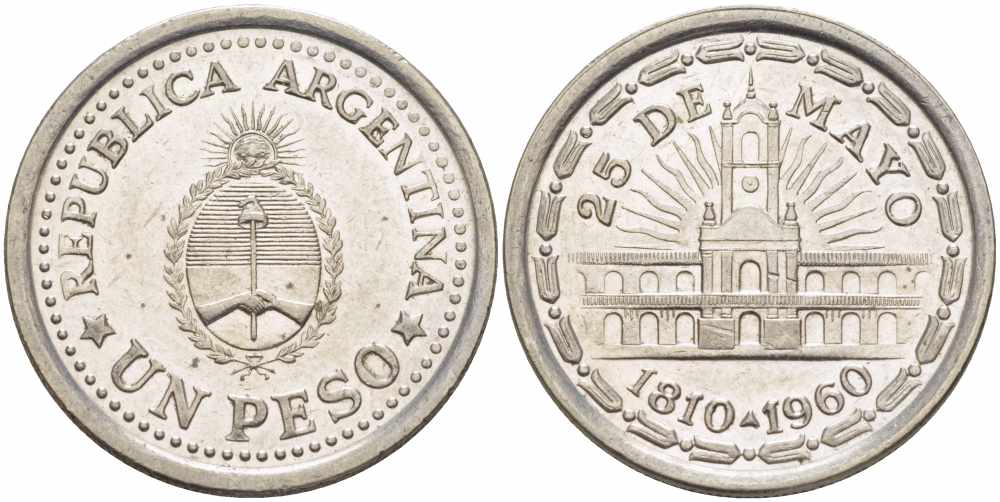 Аргентина 1 песо 1960 150 лет свержения Испанского вице-короля (1810-1960) KM 58 сталь плакированная никелем 108-1213