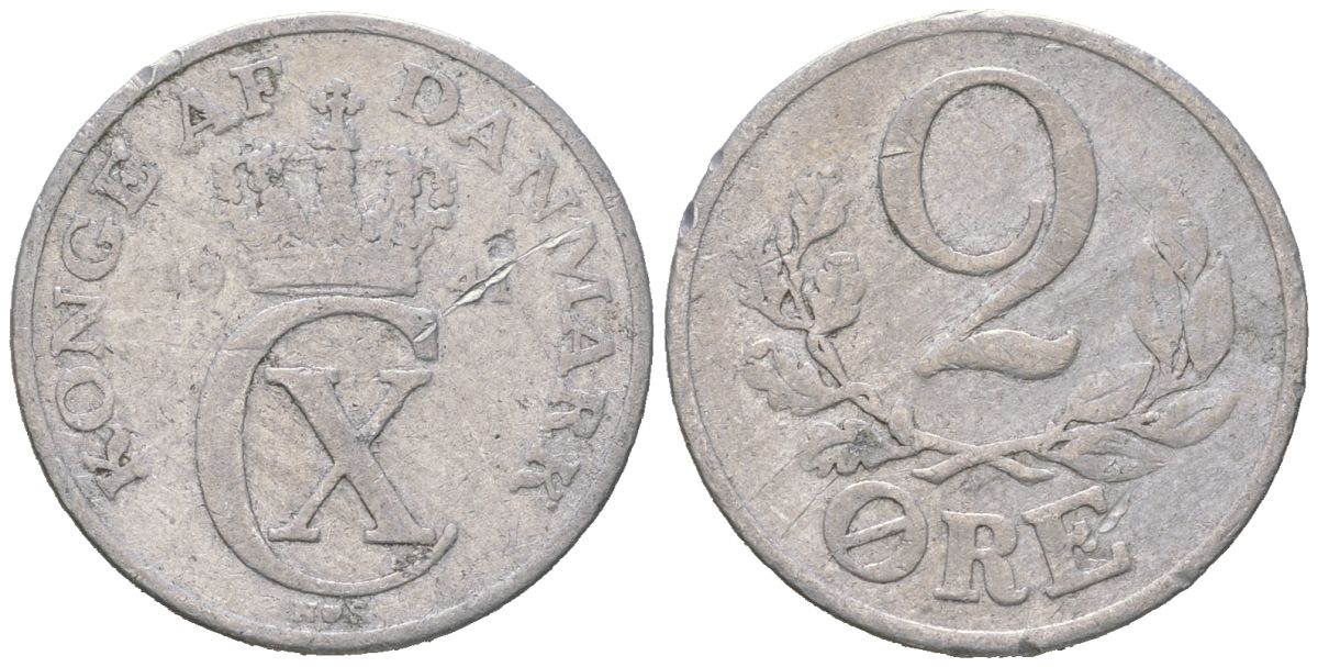 Дания 2 эре 1941 N; S, Кристиан X (1912-1947) KM 833 алюминий 212-1236