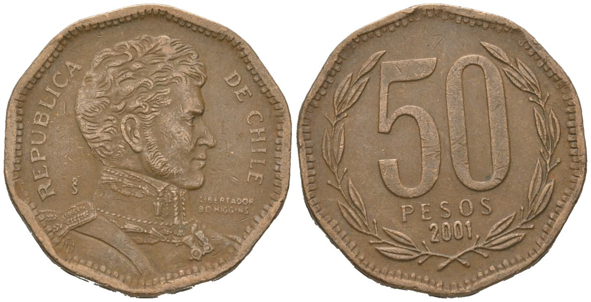 Чили 50 песо 2001 KM 219 алюминиевая бронза 4620-535