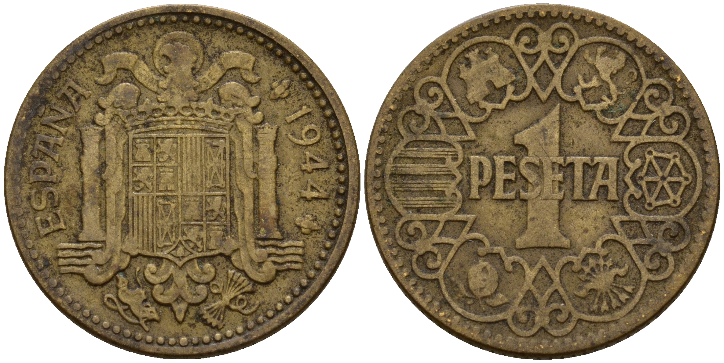 Испания 1 песета 1944 Национальное правительство (1939-1947) KM 767 алюминиевая бронза    4597-124