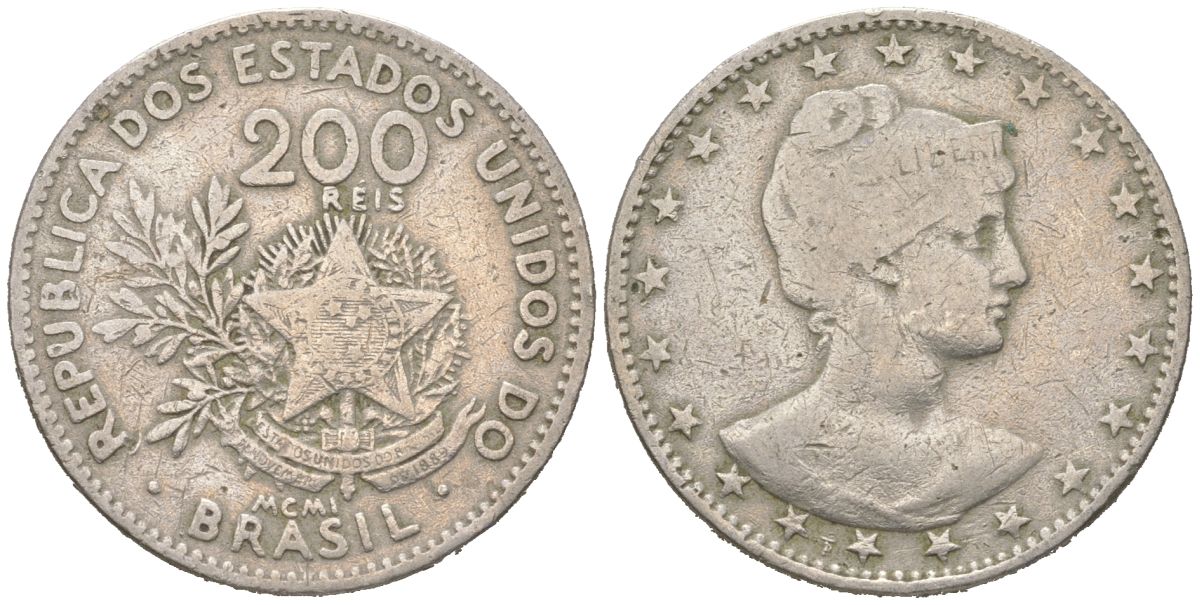 Бразилия 200 реалов 1901 MCMI, голова свободы вправо KM 504 медно-никель 4612-327