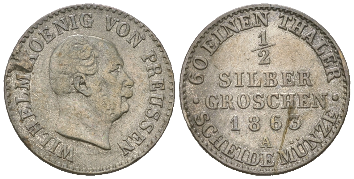Пруссия 1/2 гроша 1863 A, Вильгельм I (1861-1888) Olding 416, AKS 104, Jaeger 88 серебро 4679-958