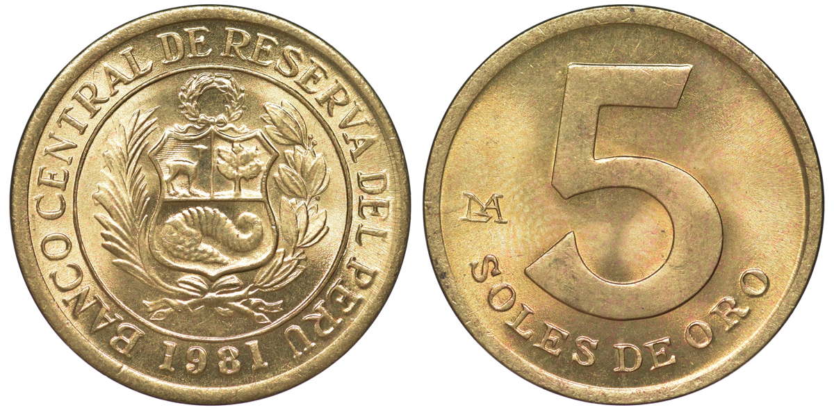 Перу 5 солей 1981 KM 271 латунь aUNC 4605-427