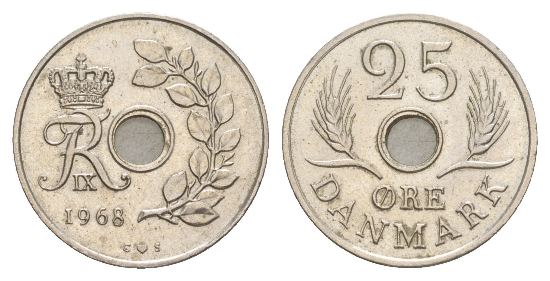 Дания 25 эре 1968 С; S, Фредерик IX (1947-1972) KM 855 медно-никель 4514-416
