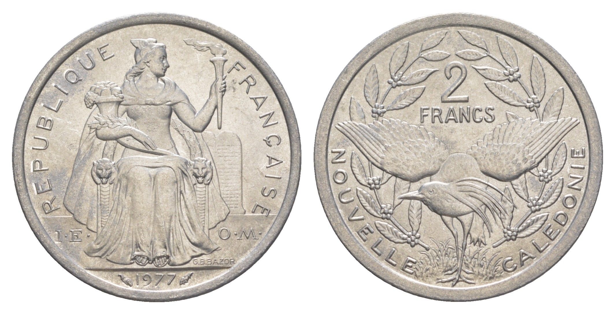 Французская Новая Каледония 2 франка 1977 KM 14 алюминий UNC 4641-144