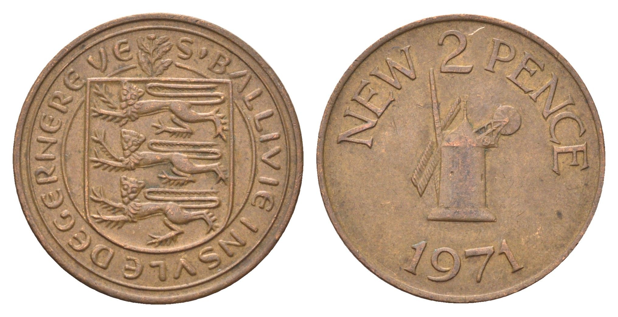 Гернси 2 новых пенса 1971 Елизавета II (1952-2022), ветряная мельница KM 22 бронза 4703-1054