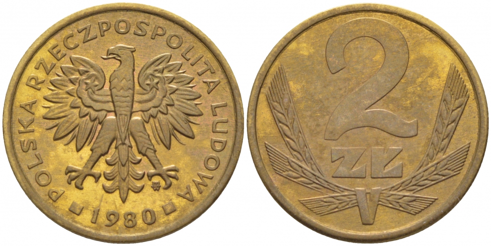 Польша 2 злотых 1980 MW KM 80.1, Parchimowicz 217g латунь 112-823