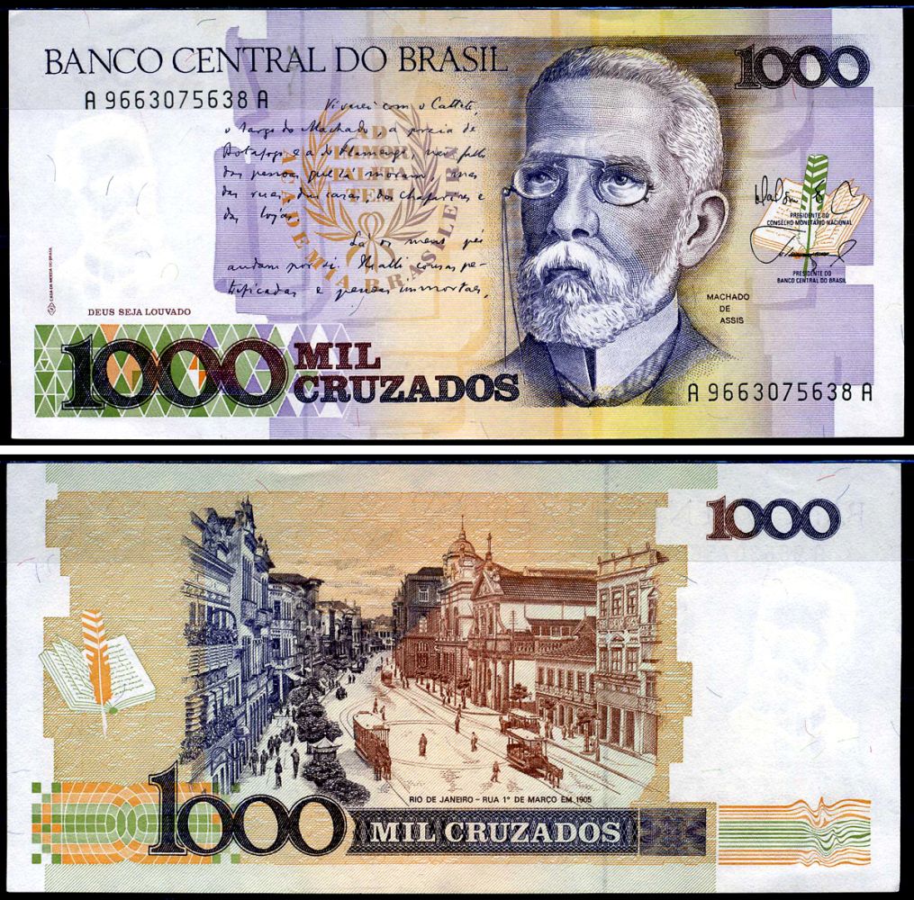 Бразилия 1000 крузадо ND (1987 & 1988) Центральный банк Бразилии Pick 213 b бумага UNC (пресс) 7148-19-3-1