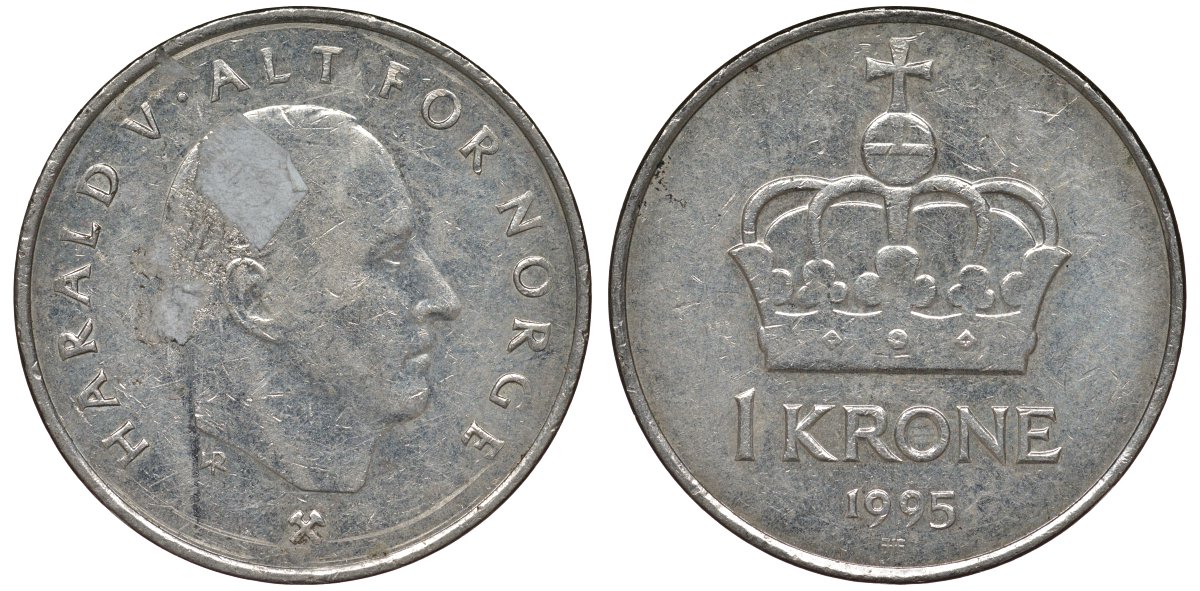 Норвегия 1 крона 1995 Харальд V (1991-) KM 436 медно-никель 4128-1115