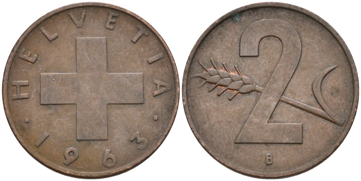 Швейцария 2 раппена 1963 В KM 47 бронза 4591-1243