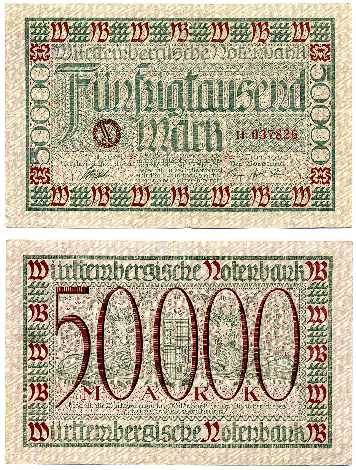 ШТУТГАРТ 50000 МАРОК 1923 10 ИЮНЯ 1923, НОТГЕЛЬД, WURTEMBERGISCHE NOTENBANC, СЕРИЯ H037826, ЗЕМЛЯ БАДЕН-ВЮРТЕМБЕРГ Keller 4930a бумага 00-00