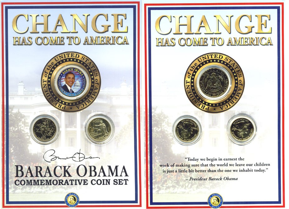 США набор из 3 монет 2003-2008 1/2 доллара (50 центов) - Барак Обама, 25 центов Иллинойс и 25 центов Гаваи. В оригинальном буклете, позолота, цветная эмаль, сертификат  медно-никель  UNC  7-6-1-01