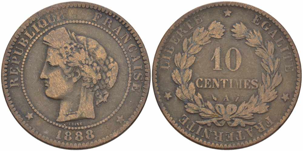 ФРАНЦИЯ 10 САНТИМОВ 1888 A, ТРЕТЬЯ РЕСПУБЛИКА (1871-1940) KM 815.1, LA FRANC 135.33 бронза 97-1131