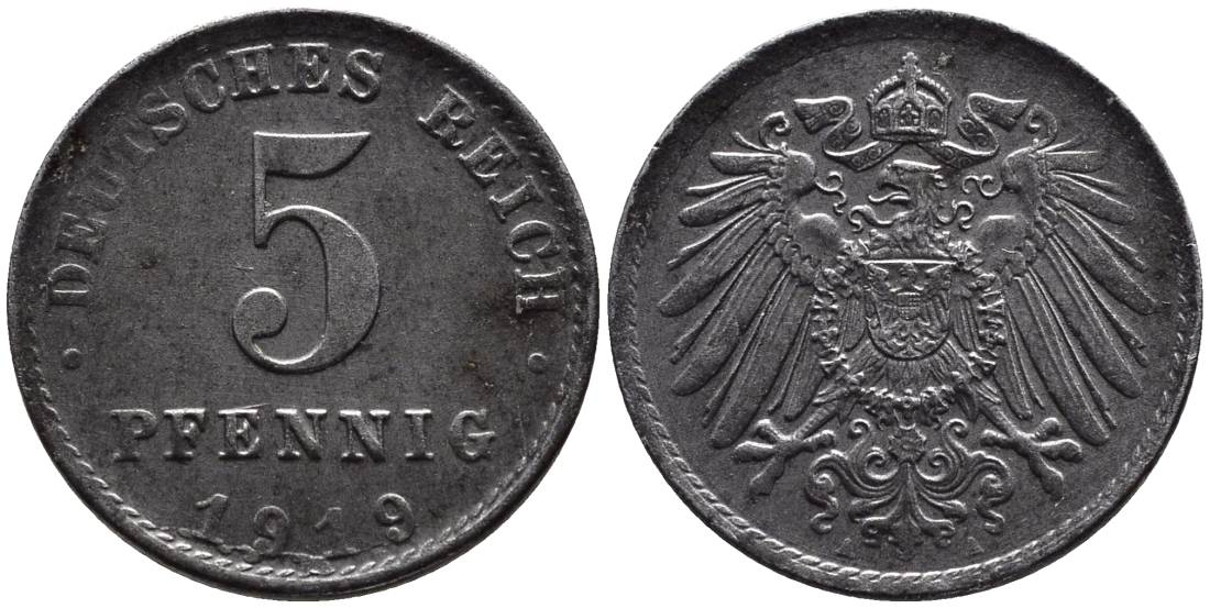 ГЕРМАНИЯ 5 ПФЕННИГОВ 1919 A KM 19, Jager 297, Weege 5 железо 4547-614