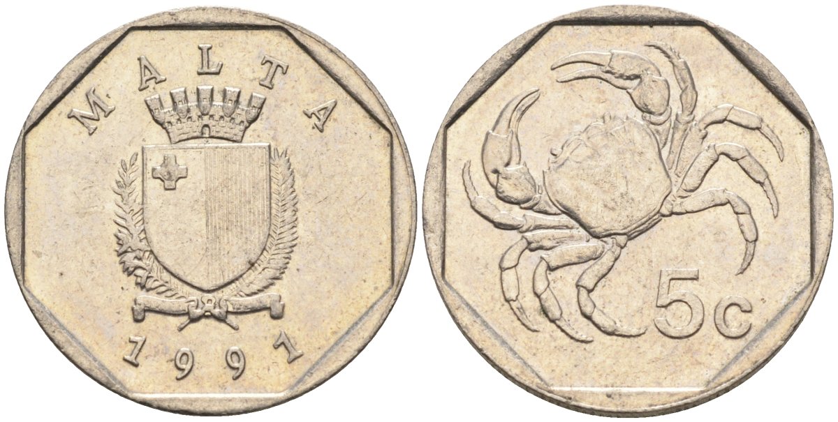 Мальта 5 центов 1991 краб KM 95 медно-никель 4387-1059