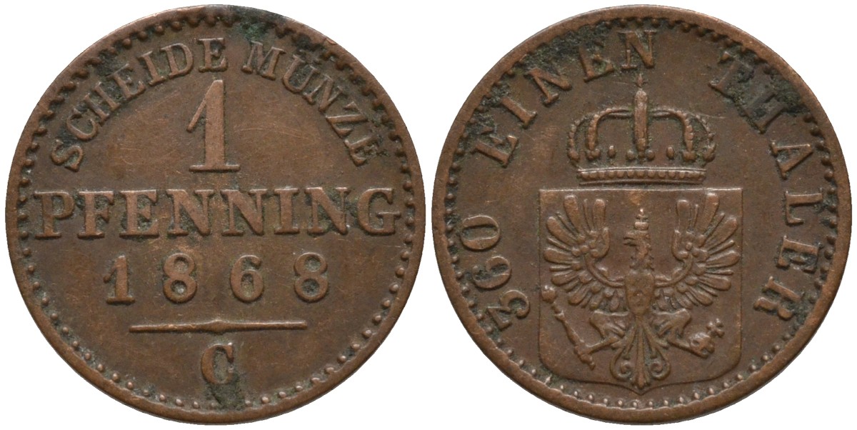 Пруссия 1 пфенниг 1868 С, Вильгельм I (1861-1888) KM 480 медь 4532-626