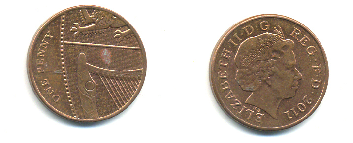 Великобритания 1 пенни 2011 Елизавета II (1952-2022) KM 1107, Spink B6 сталь плакированная медью 177-1236