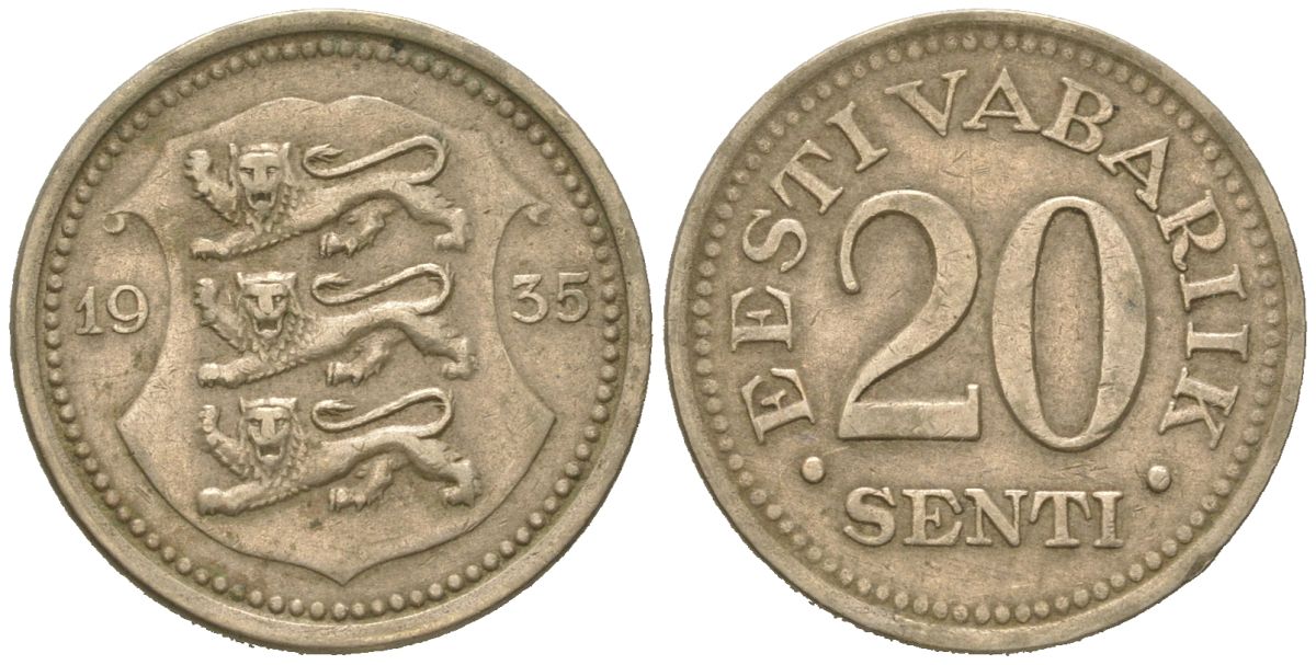 Эстония 20 центов 1935 Республика (1918-1941) KM 17 никель бронза 4615-1115