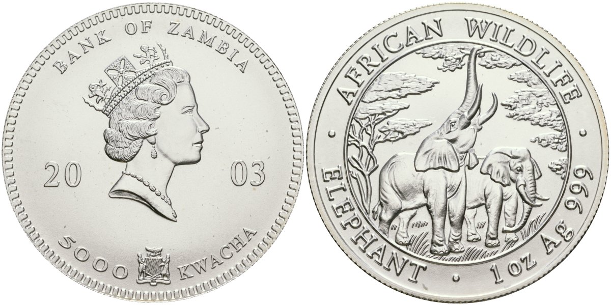 Замбия 5000 квача 2003 Африканские слоны KM 165 серебро UNC 1080-8-51