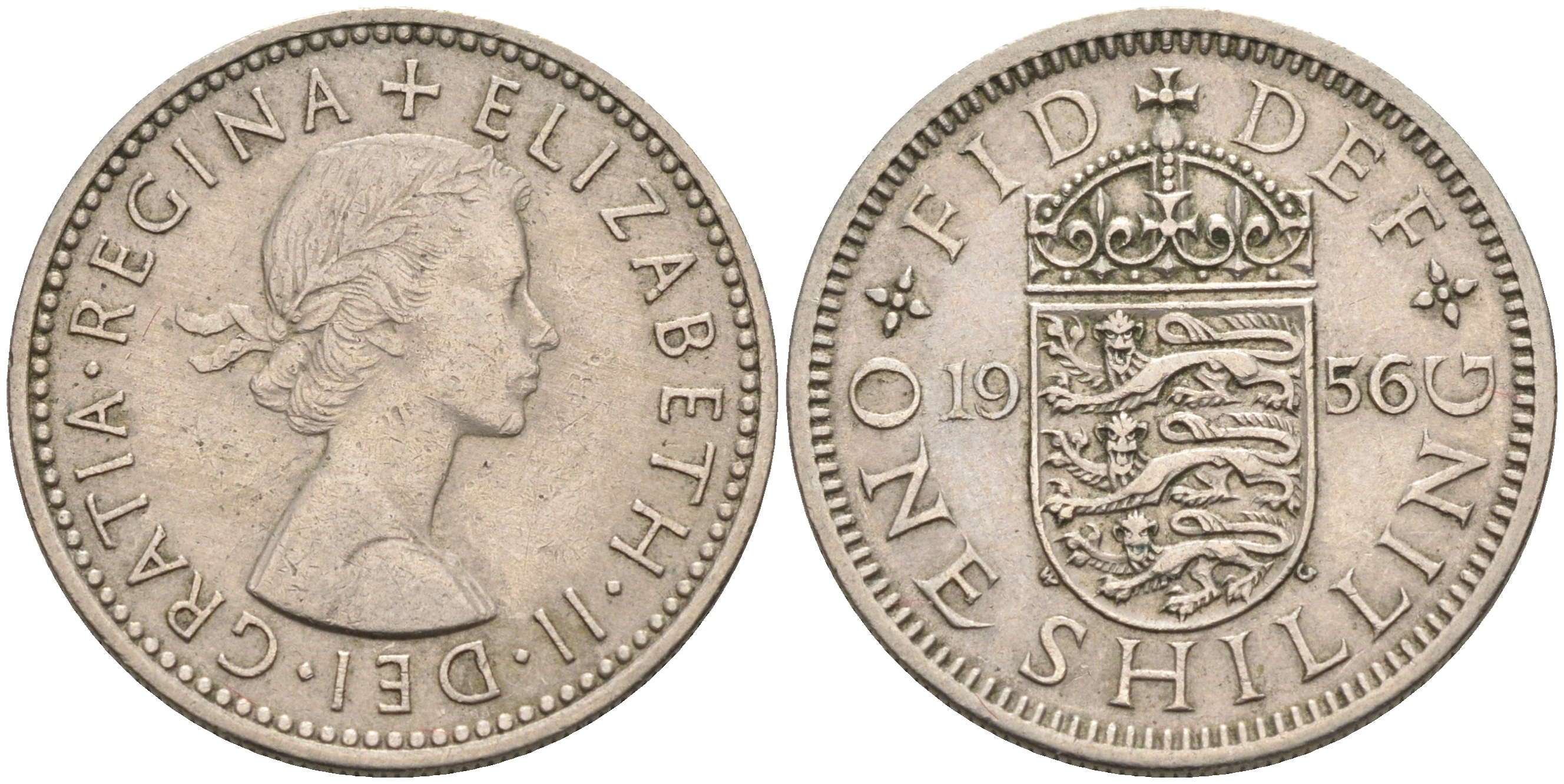 Великобритания 1 шиллинг 1956 Елизавета II (1952-2022), Английский герб KM 904, Spink 4147 медно-никель    4595-843