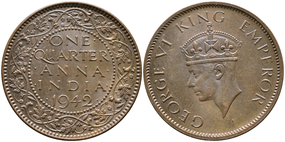 Британская Индия 1/4 анна 1942 Георг VI (1937-1952) KM 531 бронза aUNC 4364-1057