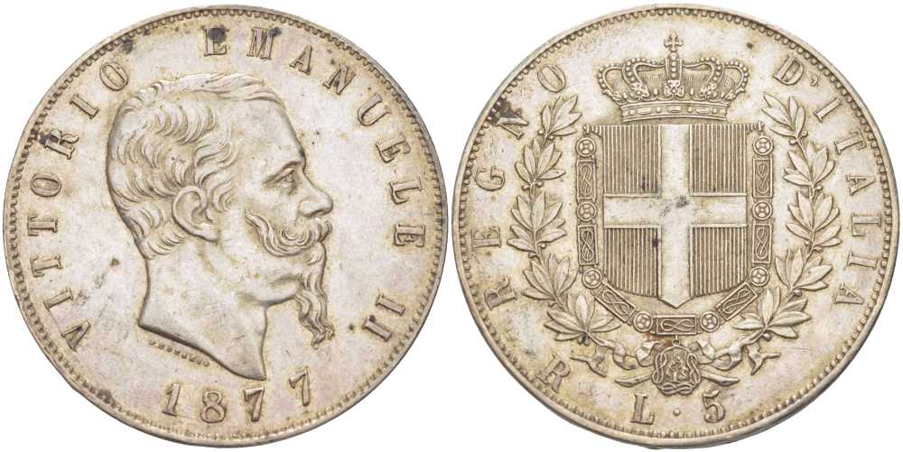 Италия 5 лир 1877 R, Виктор Эммануил II (1861-1878) KM 8.4 серебро 00-820-45