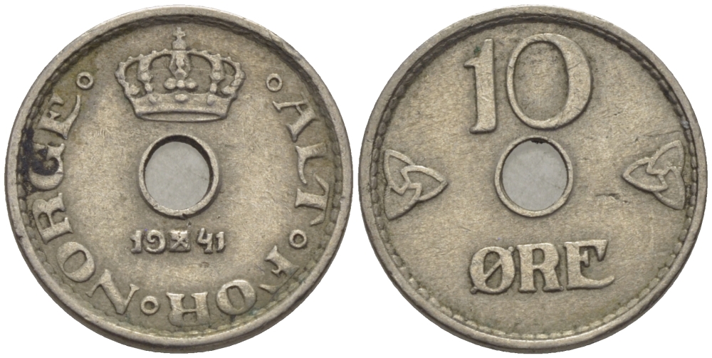 НОРВЕГИЯ 10 ЭРЕ 1941 ХОКОН VII (1905-1957) KM 383 медно-никель 100-118