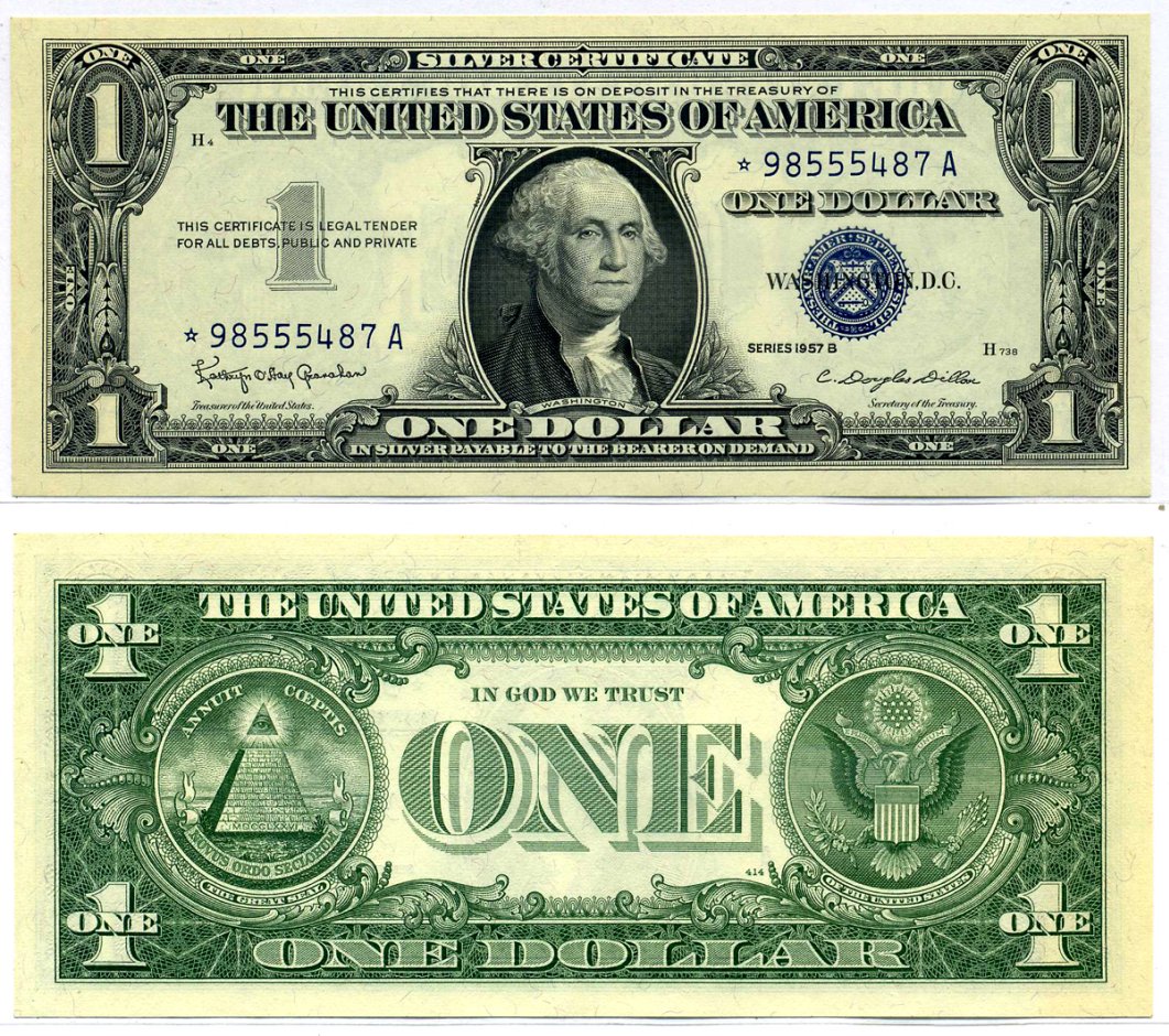 США 1 доллар 1957 В, signatures: Granahan & Dillon, СЕРЕБРЯННЫЙ сертификат Pick 419d бумага UNC (пресс) 7204-31-3-2