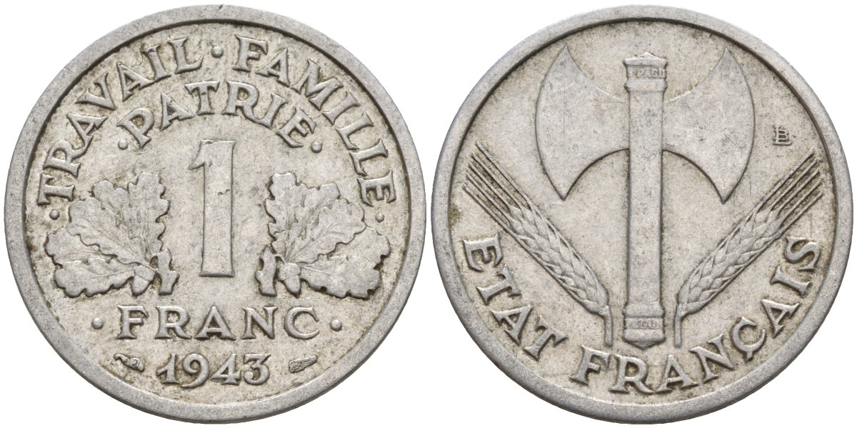 Франция 1 франк 1943 LB, тип Lourde, правительство Виши KM 902.1 алюминий 4142-931