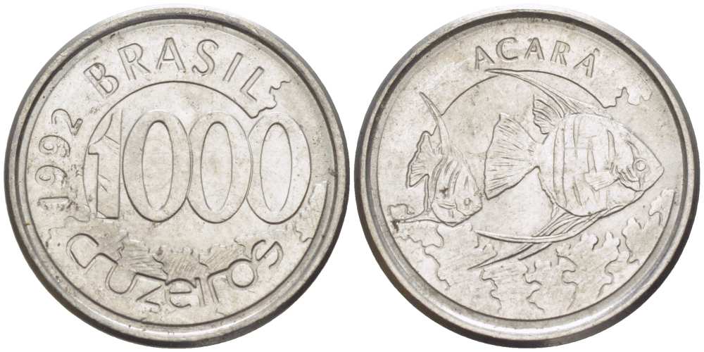 Бразилия 1000 крузейро 1993 реформа 1990-1993, рыбка Акара KM 626 нержавеющая сталь 26-627