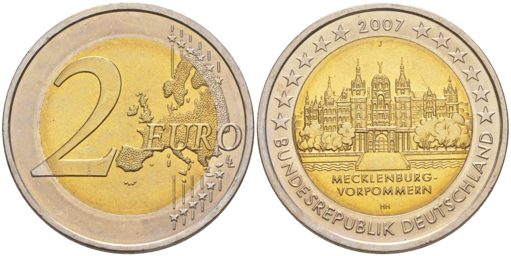 ФРГ 2 евро 2007 J, серия федеральные земли, Мекленбург-Передняя Померания, Шверинский замок KM 260 биметалл UNC 4111-744