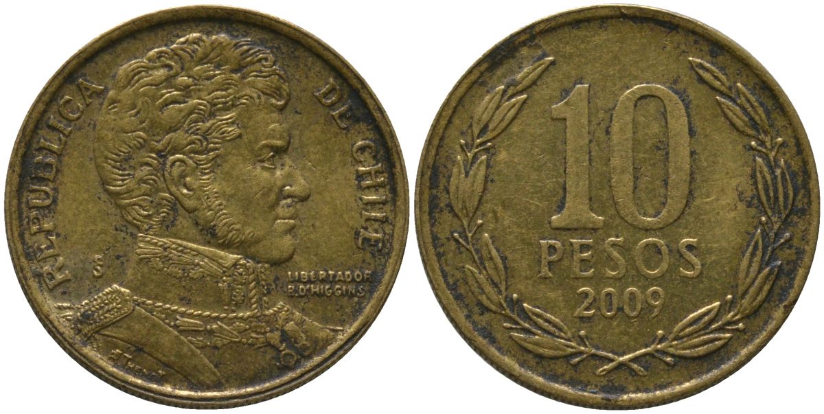 Чили 10 песо 2009 So KM 228.2, Schon 82 алюминиевая бронза 4544-817