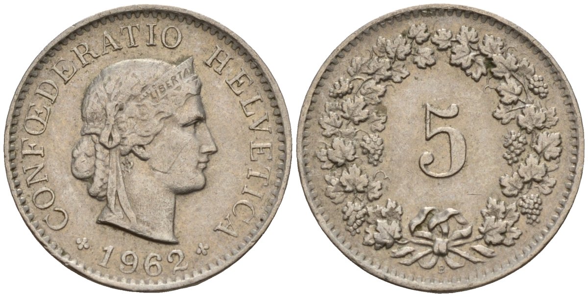 Швейцария 5 раппенов 1962 B KM 26 медно-никель 4189-333