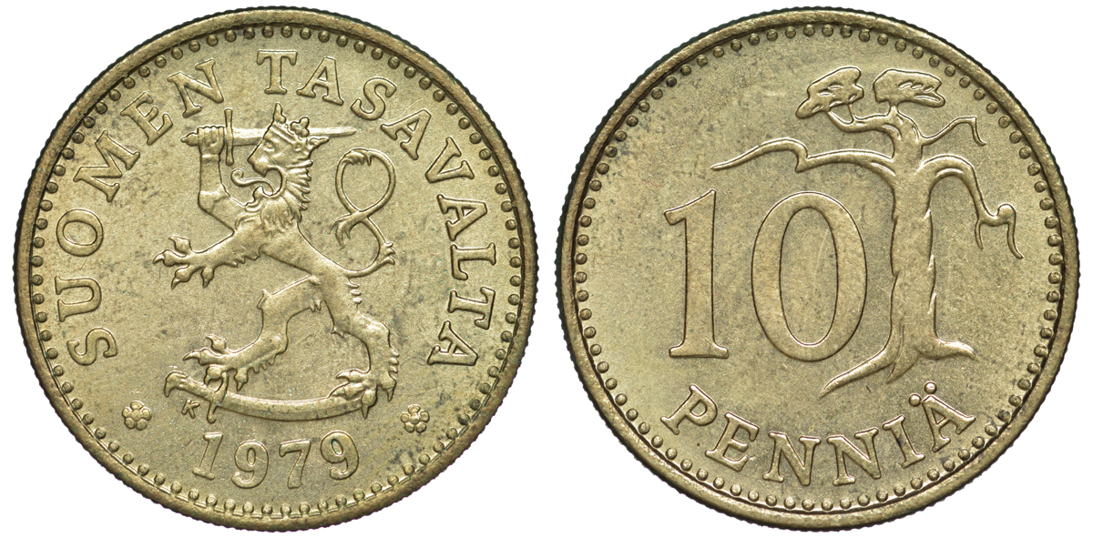ФИНЛЯНДИЯ 10 ПЕННИ 1979 K KM 46 алюминиевая бронза 3334-1136