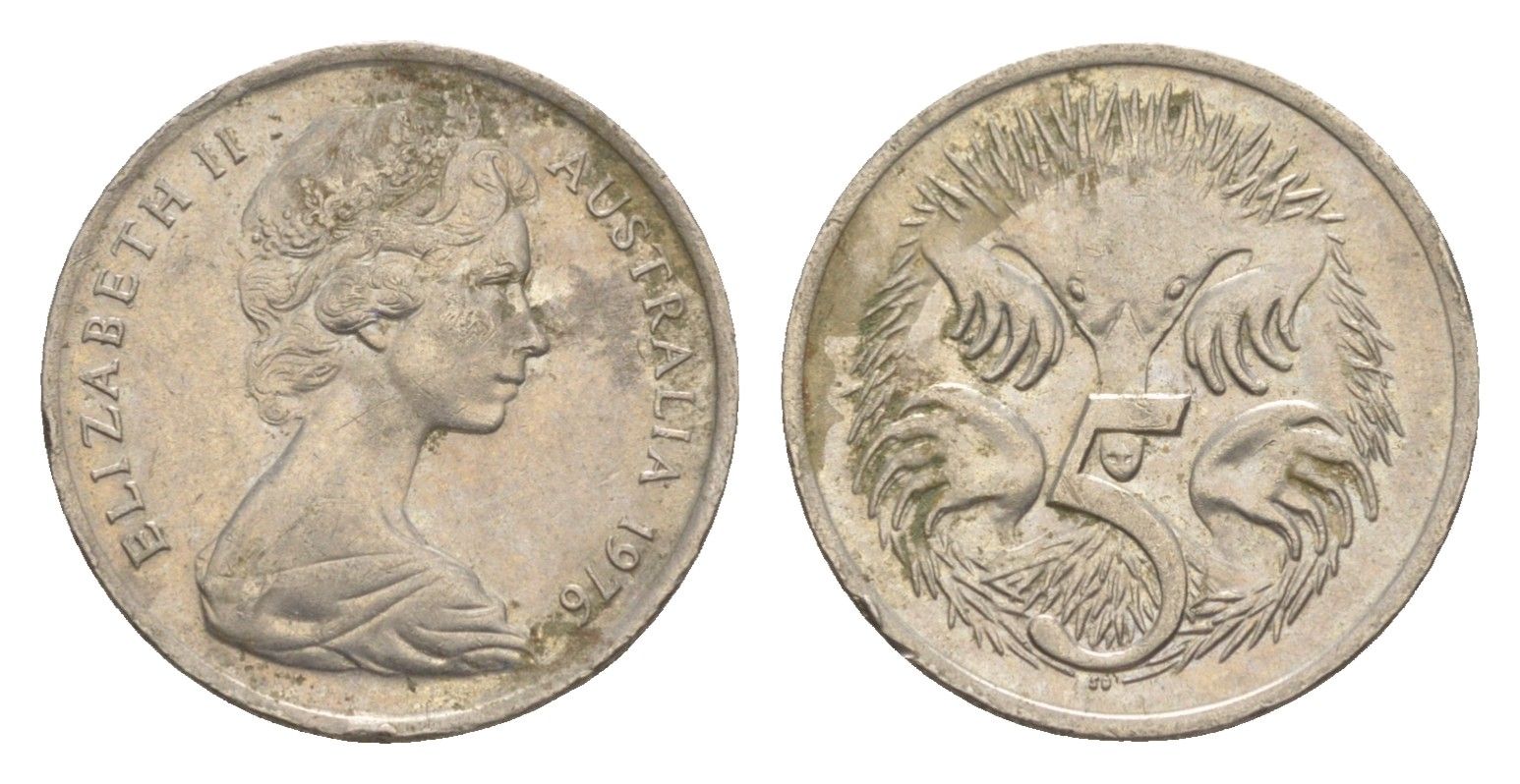 Австралия 5 центов 1976 Елизавета II (1952-2022) молодой портрет, ехидна KM 64 медно-никель 4152-145