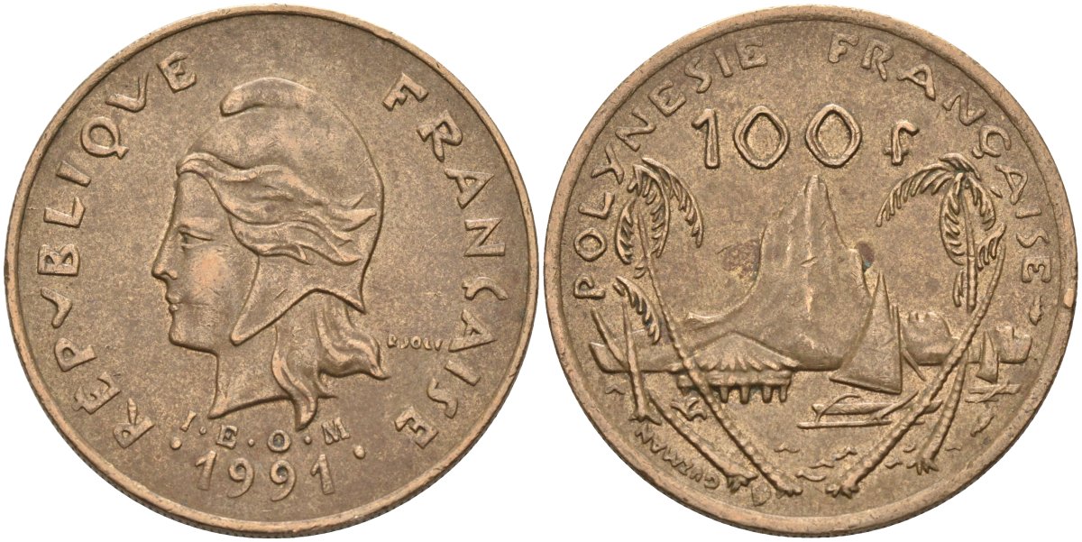 Французская Полинезия 100 франков 1991 KM 14 никель-бронза 4131-1033