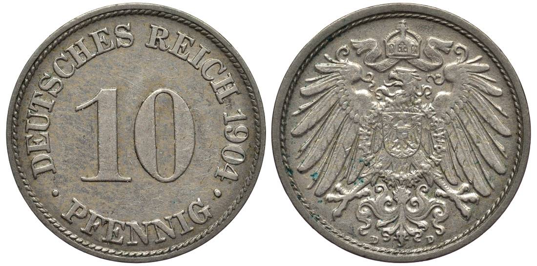 ГЕРМАНИЯ 10 ПФЕННИГОВ 1904 D KM 12, Jager 13, Weege 8 медно-никель 219-414