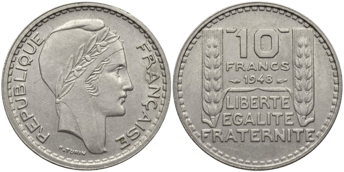 Франция 10 франков 1948 тип Пьер Турин KM 909.1, Le Franc 362.3 медно-никель 4171-215