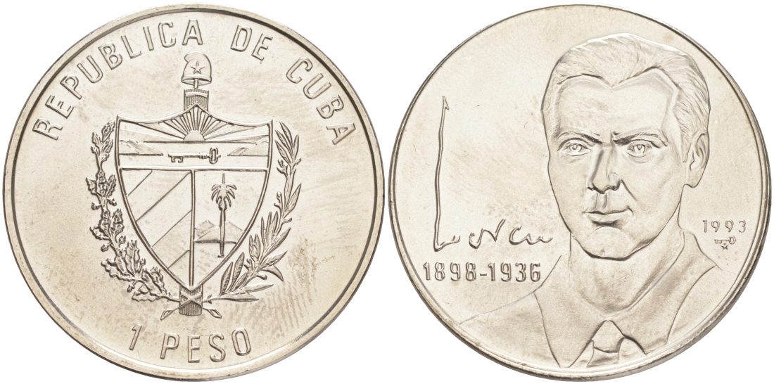 Куба 1 песо 1993 95 лет со дня рождения Федерико Гарсия Лорка KM 100 никелированная сталь UNC 00-00