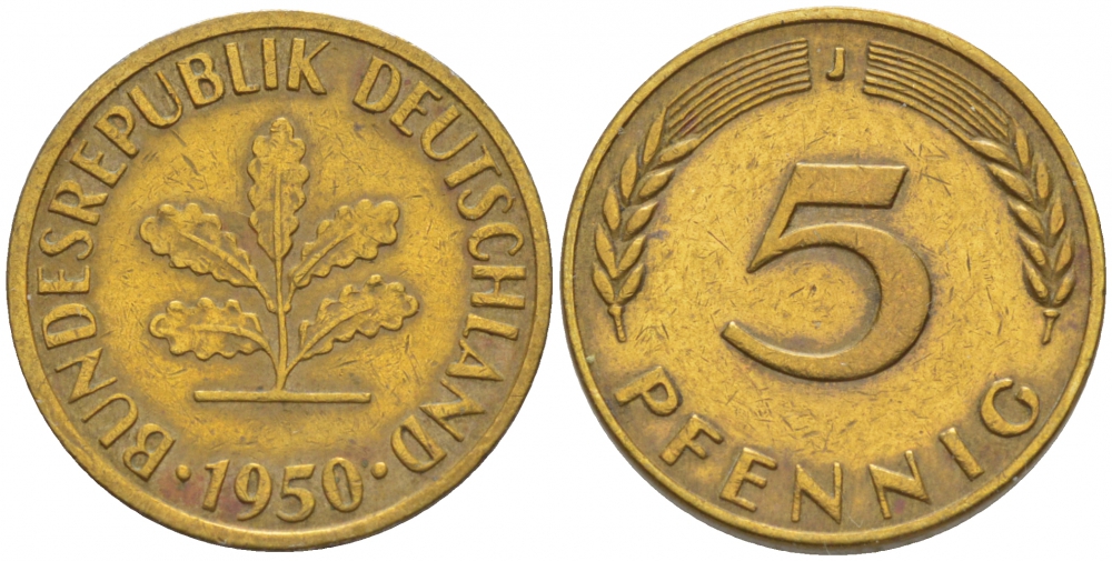 ФРГ 5 ПФЕННИГОВ 1950 J KM 107, J.382 сталь плакированная латунью 4396-1628