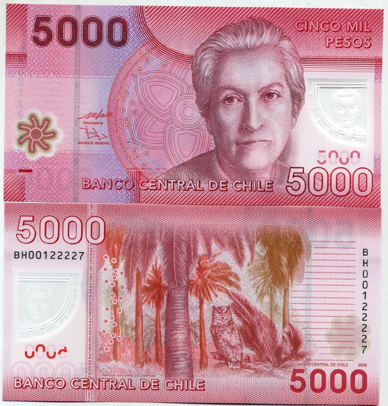 Чили 5000 песо 2009 Габриэла Мистраль, чилийская поэтесса Pick 163а пластик UNC (пресс) 447-88-3