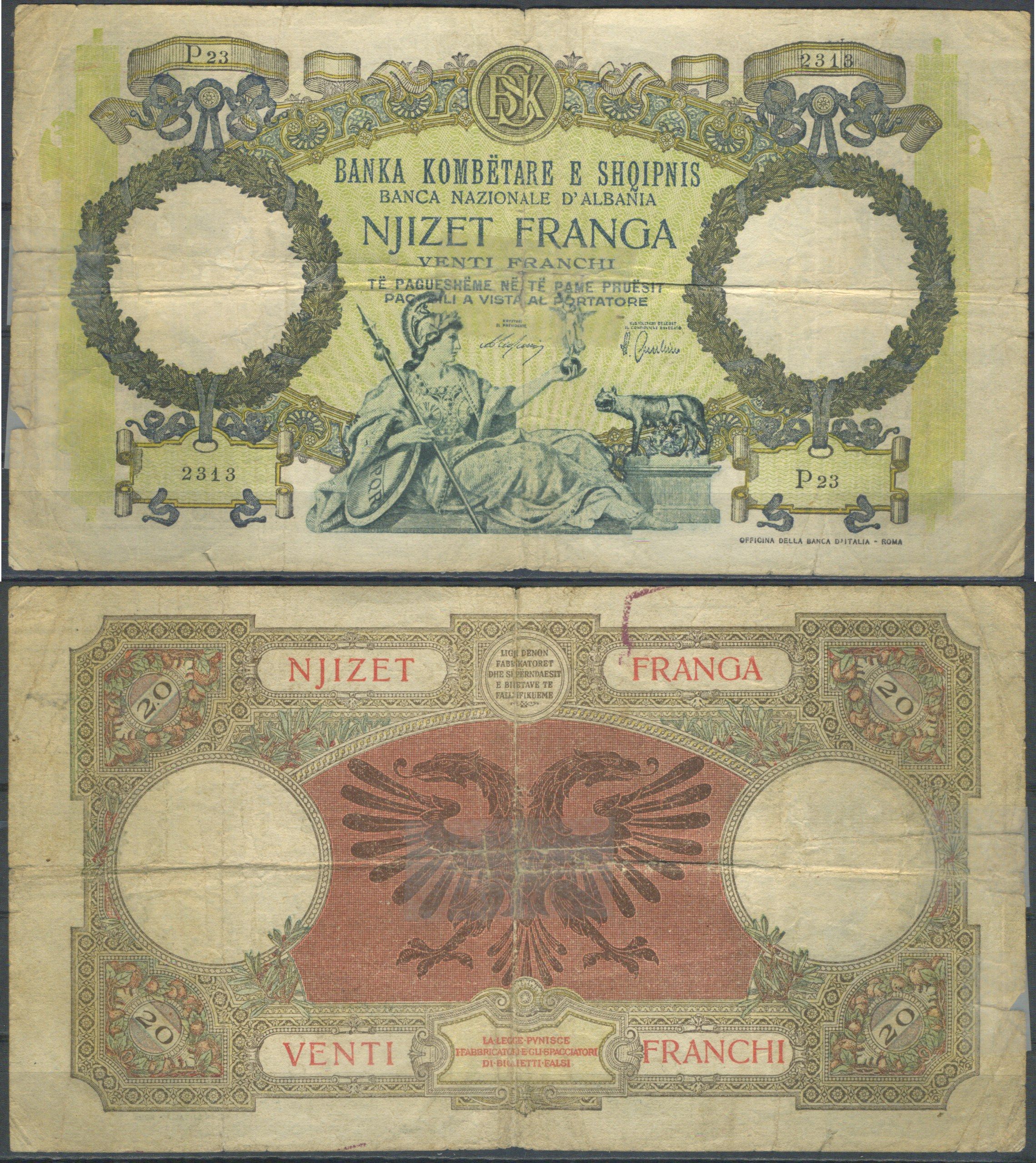 Албания 20 франков 1939 Pick 7 бумага 8616-39-1-1