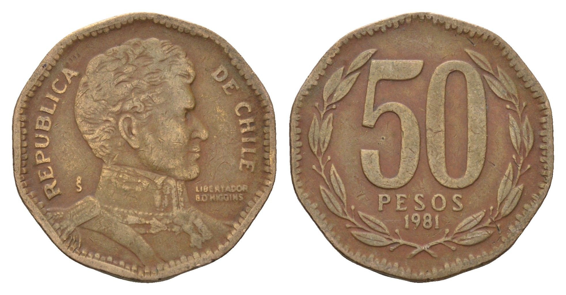 Чили 50 песо 1981 KM 219 алюминиевая бронза 4141-123