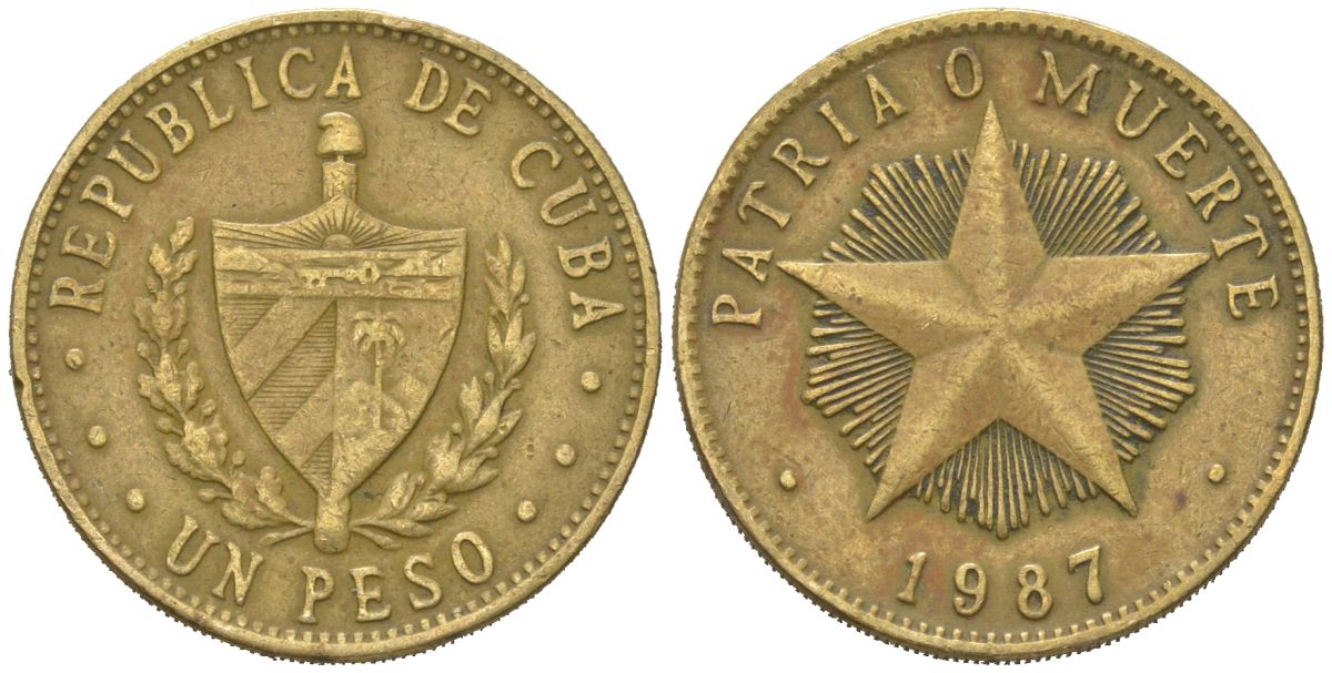 Куба 1 песо 1987 KM 105, Schoen A34 латунь 4395-1025